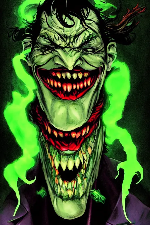 Image similar to angry joker, clenching teeth, with ghost smokes behind, green scary lights, illustration, jason fabok, jim lee, mark brooks, alex ross style, dark fantasy color scheme, cinematic, mysterious