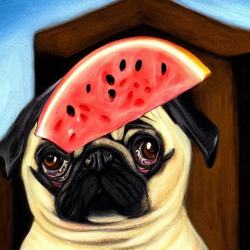 Image similar to pug eating watermelon in heaven painted in the style of michaelangelo, concept art