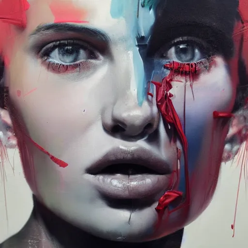 Image similar to portrait of a woman, paint spit on canvas, by alexa meade and lee ellis, highly detailed, sharp, in focus, matte painting, mixed media