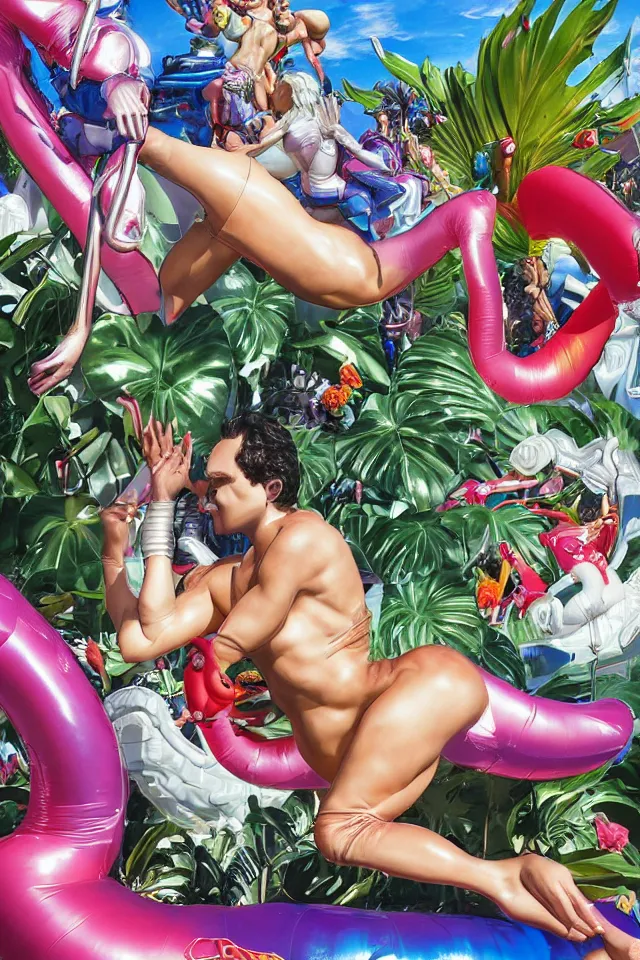 Prompt: an extreme close - up of a statue chrome cyborg lycra nymph battling a giant inflatable flamingo pool float, tropical flowers arnold schwarzenegger and monstera plants, fireworks thick smoke, by jeff koons, hajime soryama, boris vallejo, artgerm, greg rutkowski, alphonse mucha