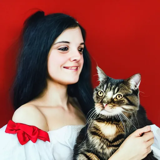 Prompt: a selfie of a a girl with long dark hair holding a cat in her arms, pexels contest winner, rasquache, high quality photo, rtx, hd, shiny eyes, a renaissance painting by sailor moon