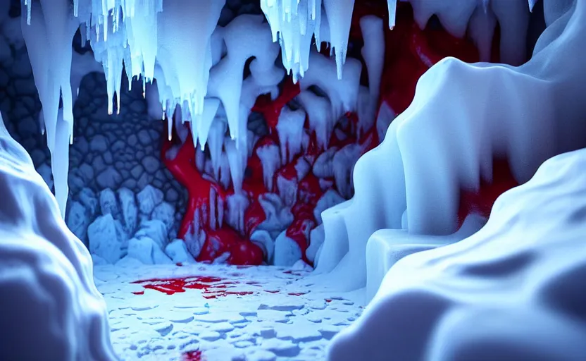 Image similar to liquid nitrogen and with red water-cooling coolant flowing through latent representations of ice caverns by centrifugal forces, gaming pc components sticking out the walls, high detail, high contrast, low-poly elements!!!!!, trending on artstation, octane render, subsurface scattering, 4k