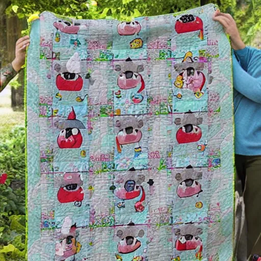 Prompt: a quilt with kirby and moomin as the pattern, realistic, product image