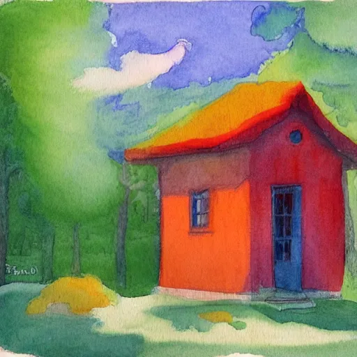 Image similar to small wooden house in the middle of spring forest, bright colours, watercolor, volumetric wool felting, macro photography, children illustration, by edward hopper