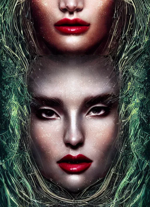 Image similar to glowing silver and golden elements, full close-up portrait, Faye Reagan as a dark witch, book cover, green forest, white moon, red lips, establishing shot, extremly high detail, photo-realistic, cinematic lighting, pen and ink, intricate line drawings, by Yoshitaka Amano, Ruan Jia, Kentaro Miura, Artgerm, post processed, concept art, artstation, matte painting, style by eddie, raphael lacoste, alex ross