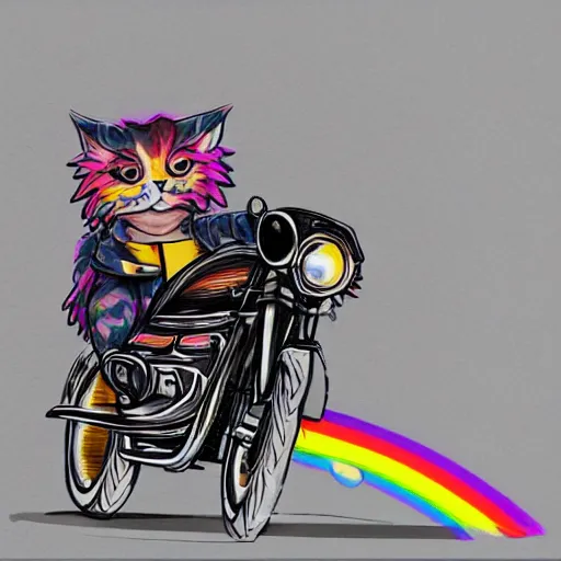 Image similar to wide angle full body, jacket wearing fluffy cute rainbow kitten wearing a black leather motorcycle jacket, riding on a motorcycle, cinematic concept art