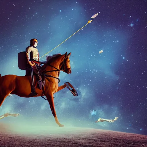 Image similar to arrows struck astronaut riding a horse in a fantasy forest, landscape, cinematic, digital art, front lit, epic, cinematic