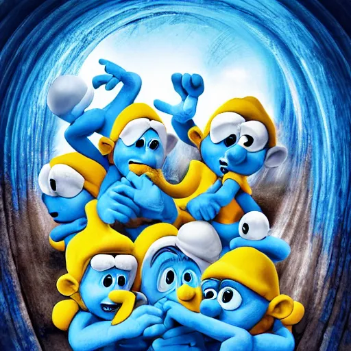 Prompt: “a community of smurfs inside a tornado. Cartoon like. High definition.”