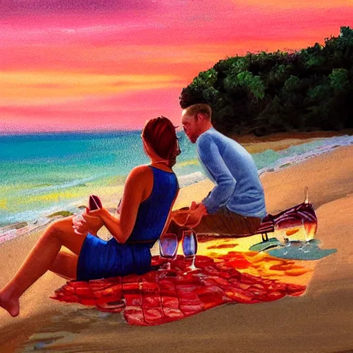 Prompt: one young man and one young woman drinking wine on a beach at sunset, beautiful colors, amazing landscape, painting, stunning details