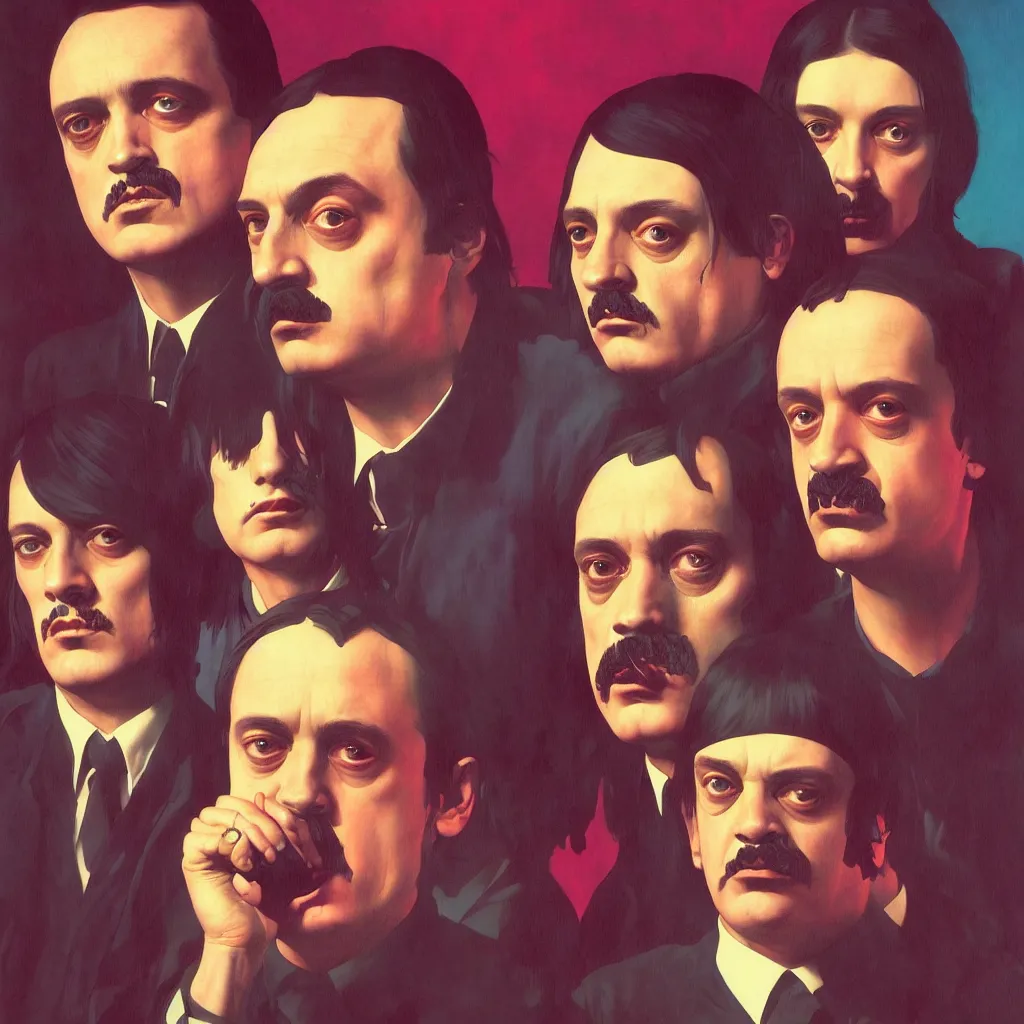 Prompt: weird and disturbing portrait of mike patton and syd barret and hitler singing, vivid colors, death, neon, art by ( ( ( kuvshinov ilya ) ) ) and wayne barlowe and francis bacon and artgerm and wlop and william - adolphe bouguereau