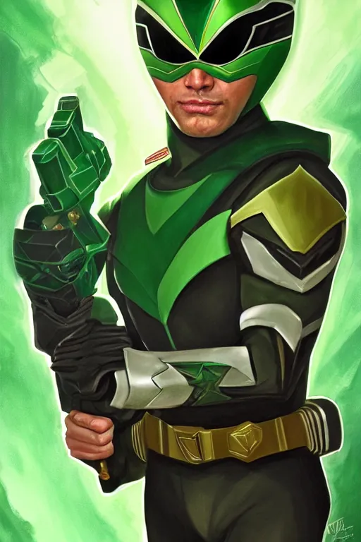 Prompt: portrait of green ranger, sharp focus, artstation, trending, by julie dillon, luis melo, tyler miles lockett, lei jin, hong lei, ken wong, adam narozanski, joy ang