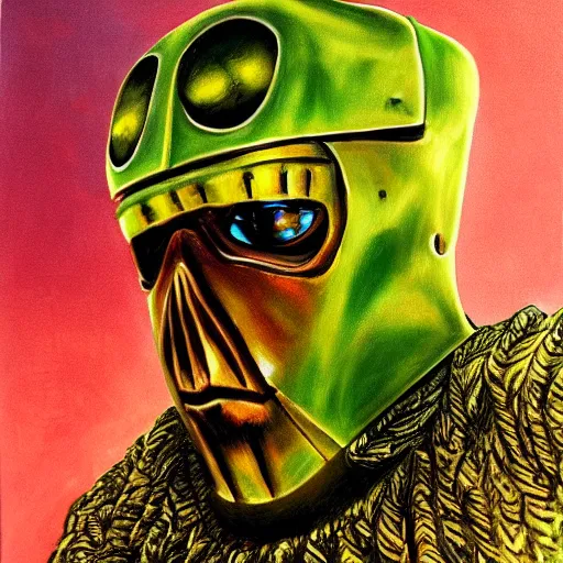 Image similar to beautiful lifelike painting of mf doom as king ghidora, hyperreal detailed facial features and uv lighting, art by ed roth and basil wolverton