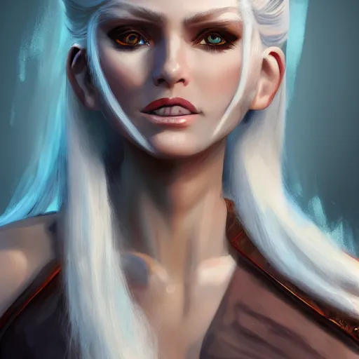 Image similar to fantasy portrait of a female human adventurer with white skin, white hair, white eyes without pupils, slightly - pointed ears, short wavy hair, eyebrow scar, trending on artstation, gentle smile, friendly, glowing, 4 5 angle, warm and welcoming