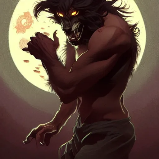 Image similar to a male werewolf, illustration, thriller atmosphere, art by artgerm and greg rutkowski and alphonse mucha