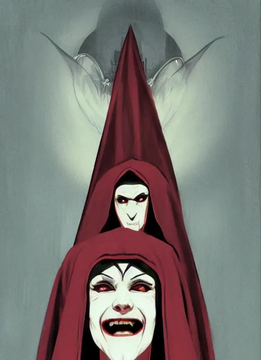 Image similar to scary female vampire nun, symmetrical face, evil grin, nun outfit, portrait size, cinematic, dramatic, super detailed and intricate, by koson ohara, by darwyn cooke, by greg rutkowski, by satoshi kon