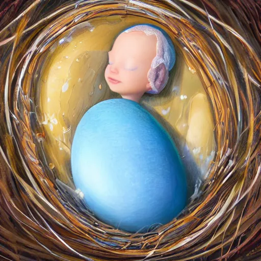 Image similar to baby mermaid next to a cracked egg in a nest, realistic, high detailed, fantasy art