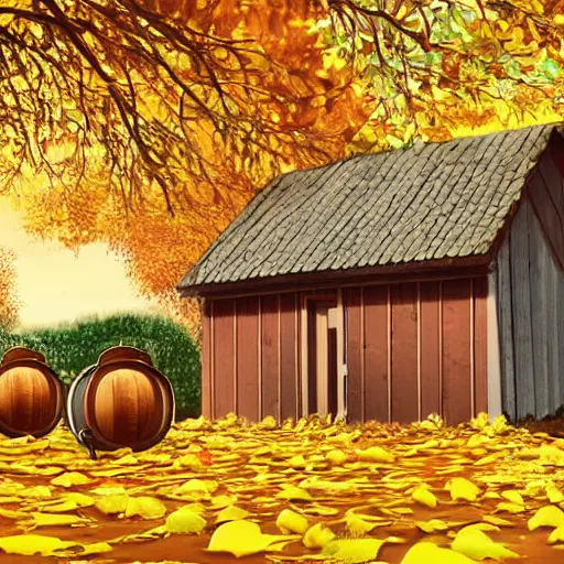 Image similar to autumn with fallen leaves, some wooden barrels outside the wooden house, the setting sun shines on the house and the ground, warm yellow tones, ilustration