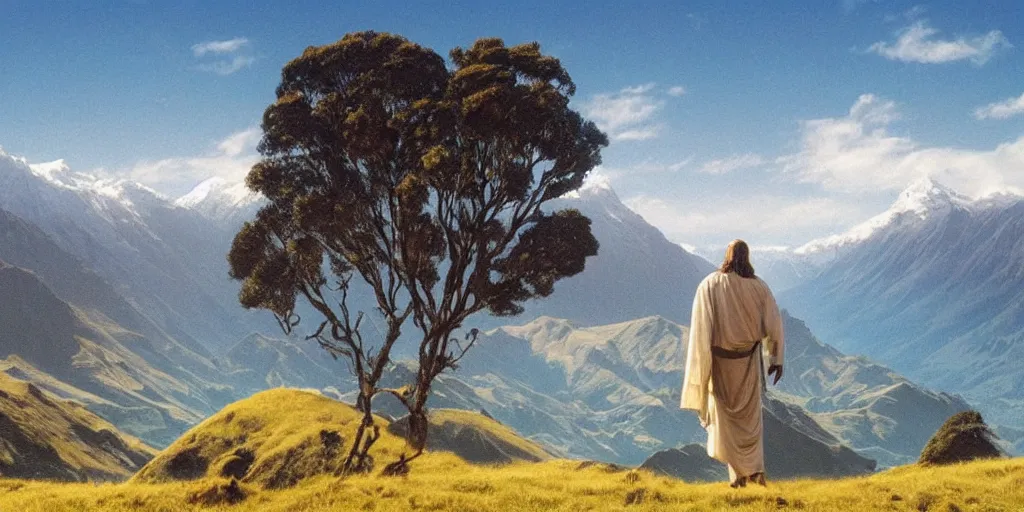 Image similar to jesus in beautiful new zealand landscape