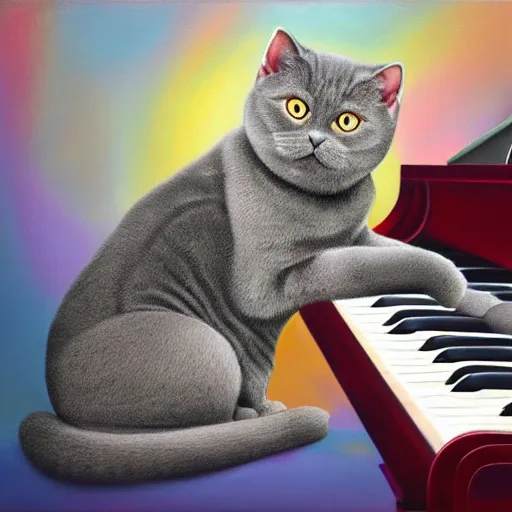 Prompt: grey british shorthair cat sitting playing piano keyboard with abstract musical note background detailed pastel painting 4 k