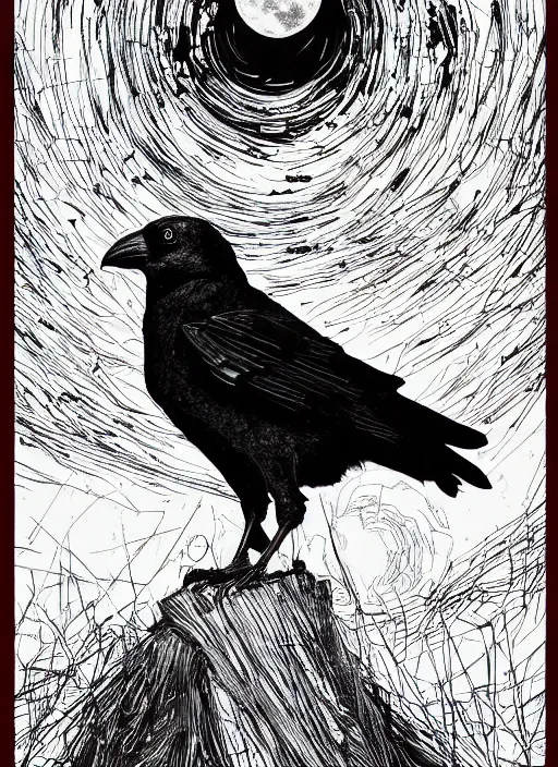 Image similar to portrait, A crow in front of the full big moon, book cover, red white and black colors, establishing shot, extremly high detail, foto realistic, cinematic lighting, pen and ink, intricate line drawings, by Yoshitaka Amano, Ruan Jia, Kentaro Miura, Artgerm, post processed, concept art, artstation, matte painting, style by eddie mendoza, raphael lacoste, alex ross