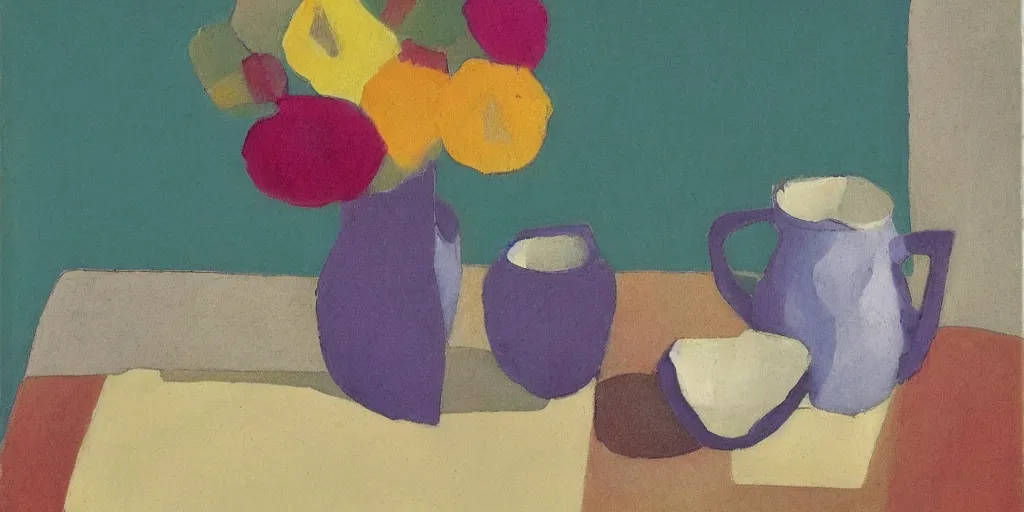 Image similar to flowers in jug, sketchbook, spoon. still life on a table in the style of ivon hitchens and ben nicholson. drawing on an oil painting, minimal, marks