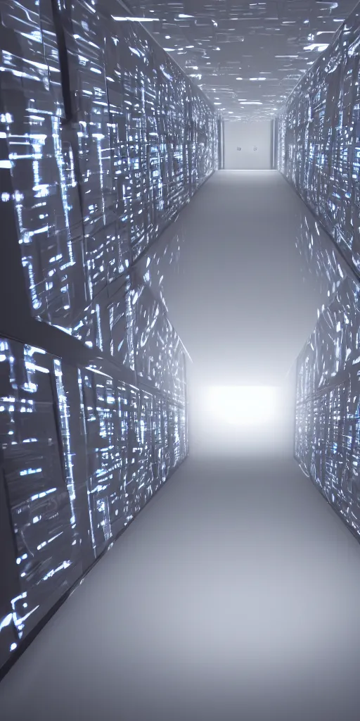 Image similar to chrome blob hovering in a server room, system failure cinematic led lights photorealistic render unreal