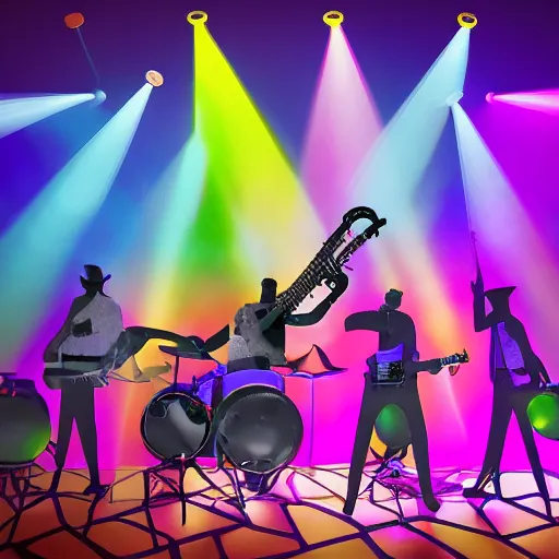 Prompt: a guitar player, saxaphone player, drummer, and a keyboard player on stage with professional lighting. funk band. jazz. party. fun. abstract. oil paint. volumetric lighting. digital image. highly saturated. whimsical. digital art, octane, ue 5, 8 k, 4 k, hq, concept art