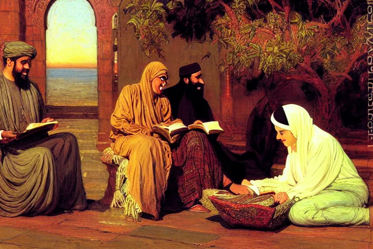 Image similar to the prophet mohammed reading salman rushdies book the satanic verses with a woman, being delighted and cheerful, whispering words of wisdom to her in solidarity with the author, painted by frederick arthur bridgman, oil on canvas