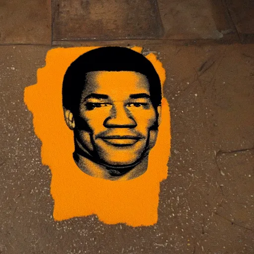 Image similar to an orange juice spilled on the floor making a portrait of o j simpson