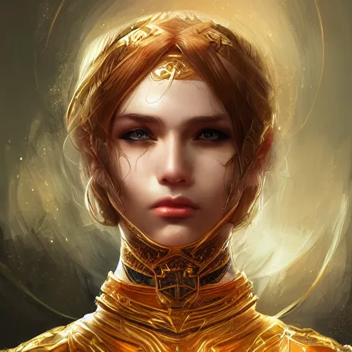 Prompt: portrait knights of Zodiac girl, golden and copper armor, sci-fi, fantasy, intricate, very very beautiful, elegant, highly detailed, digital painting, artstation, concept art, smooth, sharp focus, illustration, art by WLOP and tian zi and artgerm