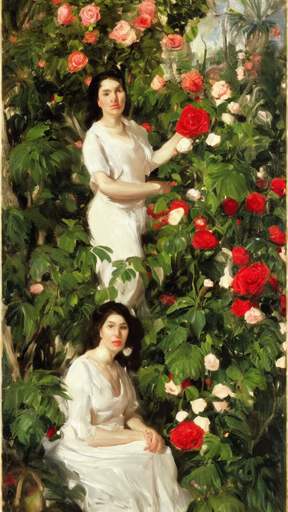 Image similar to rebekah delrio in a botanical room set near a persian pot fulk of red roses and palm treeby john singer sargent