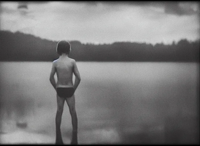 Prompt: sad boy by Andrei Tarkovsky, lake, lomography photo, blur, monochrome