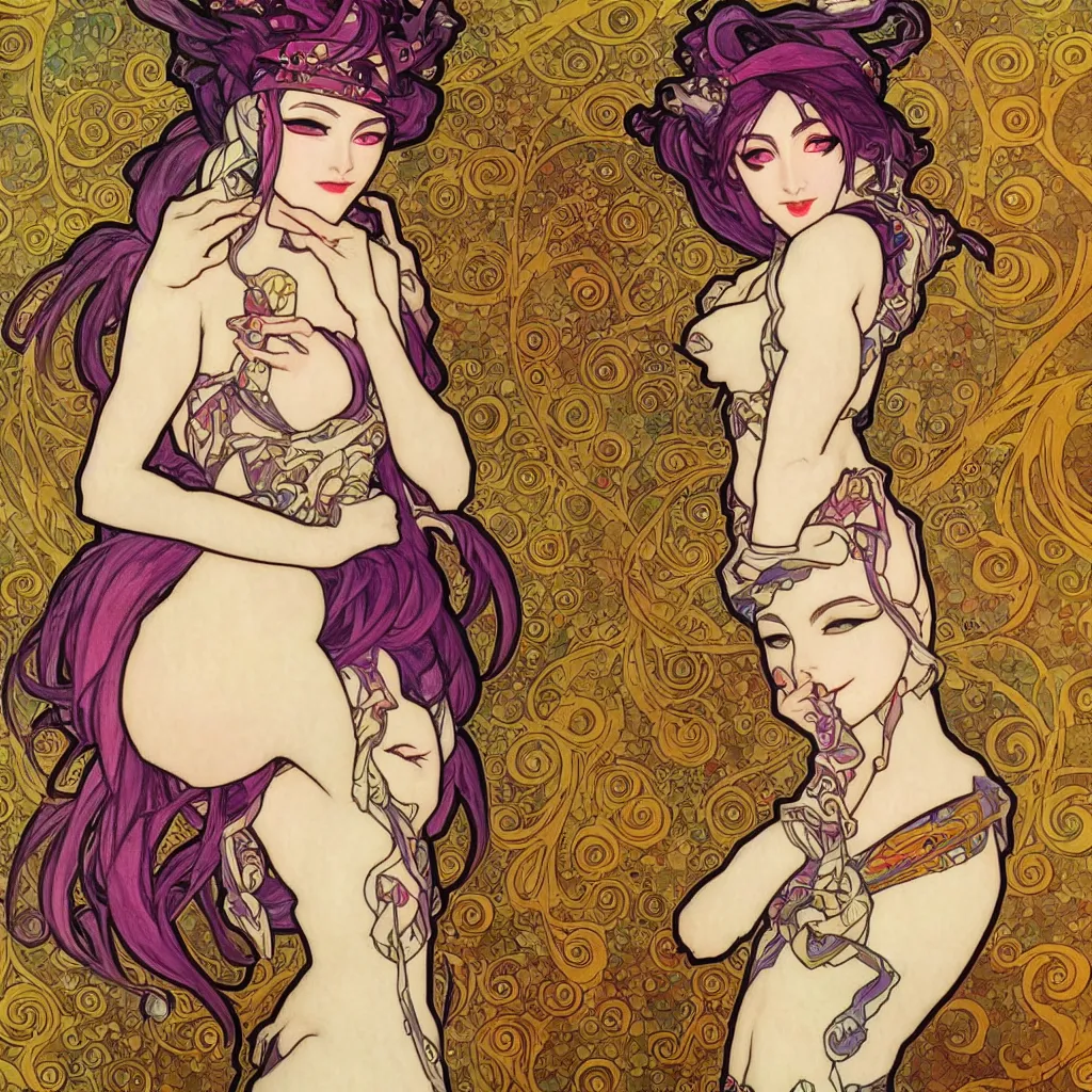 Image similar to Jinx from League of Legends made with a combination of the art styles of Alphonse Mucha and Gustav Klimt. Masterpiece. High Quality Details