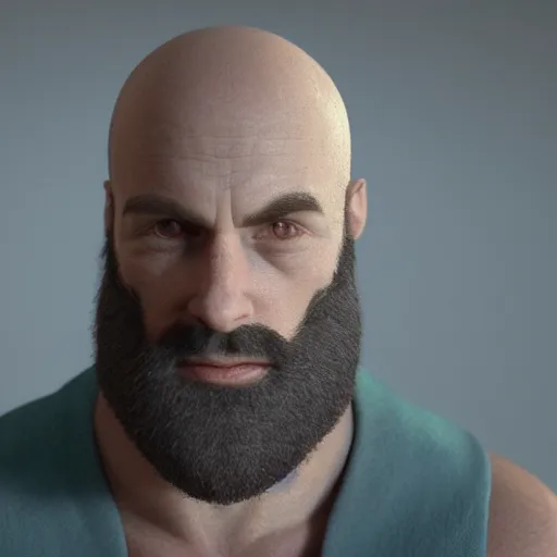 Image similar to portrait of jacques, hyper realistic, beard, no hair, octane render, cinematic, movie screenshot,