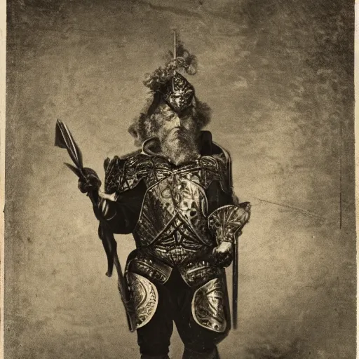 Image similar to a photo of an old man in a regal set of armor depicting a marijuana leaf on the chest. He is holding a mystic battle axe and he’s outside surrounded by horses