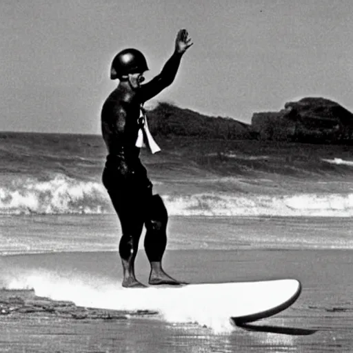 Prompt: mussolini surfing on the beach, 1 9 4 0 s photo, photorealistic