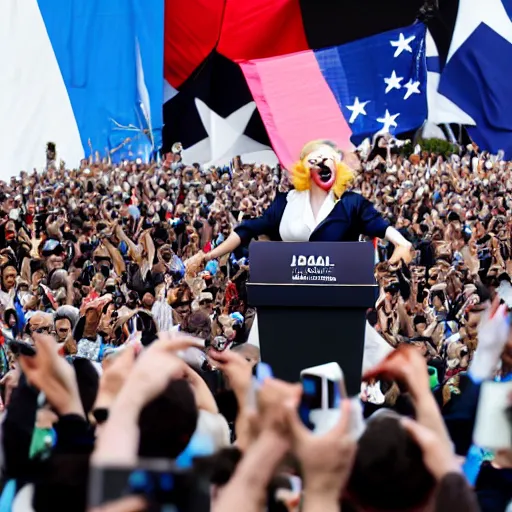 Image similar to Lady Gaga as president, Argentina presidential rally, Argentine flags behind, bokeh, giving a speech, detailed face, Argentina