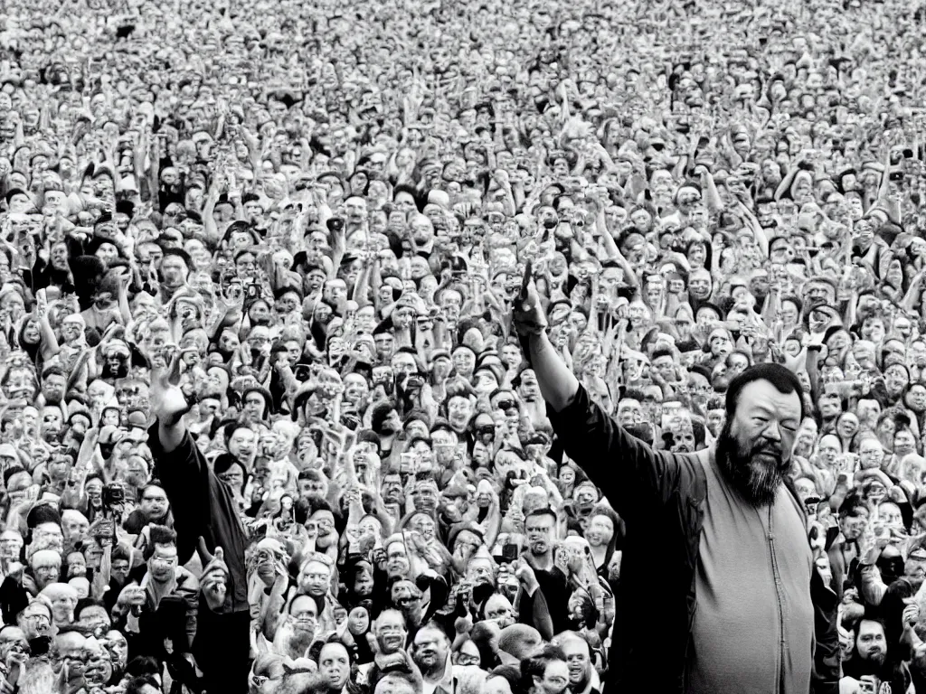Prompt: ai weiwei black and white photograph arm outstretched giving the middle finger to a famous monument