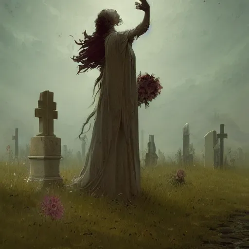 Prompt: The last spirit living in the cemetery, flowers, illustrated by Greg Rutkowski and Caspar David Friedrich. Trending on artstation, artstationHD