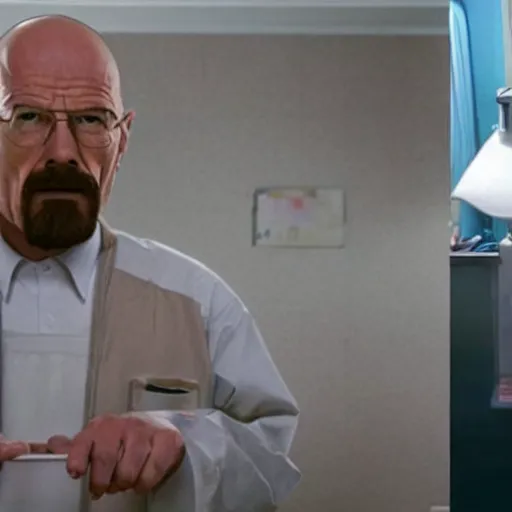 Image similar to Walter White dressed up as a chicken from Los Pollos Hermanos