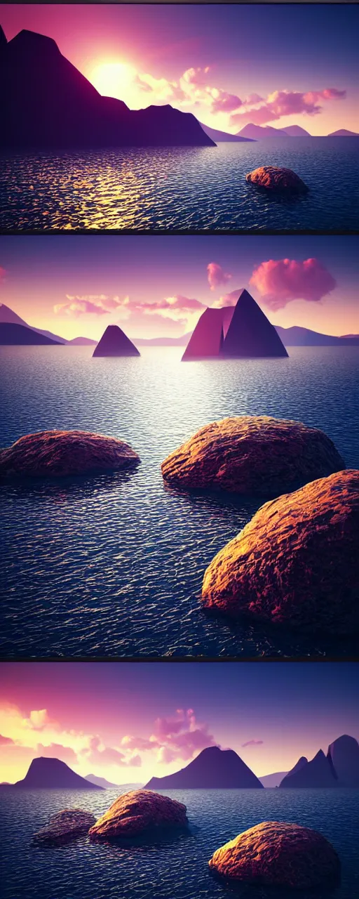 Image similar to super detailed color lowpoly art, northern sunset with rocks on front, monochrome photorealistic bay in the middle of perspective and mountains at background, big graphic ship in random point of bay, unreal engine, high contrast color palette, 3 d render, lowpoly, colorful, digital art, perspective