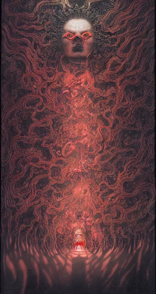 Image similar to zhongyuan festival, chinese ghost festival, king of hell, inside page of comic book, psychedelic lights and fog, in the style of zdzislaw beksinski, ayami kojima, takato yamamoto, barclay shaw, karol bak, glowing light and shadow, hyperrealist