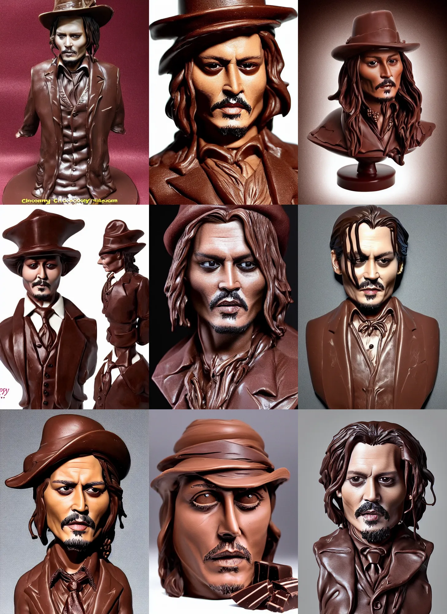 Prompt: chocolate!!! sculpture of johnny depp, chocolate art, candy decorations, fully chocolate, studio lighting