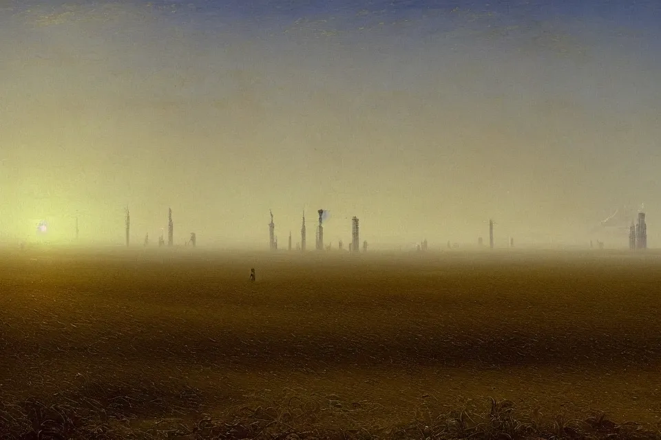 Image similar to sci-fi painting of a large alien city on the vast wheat fields, the closed back view of only one humanoid robot on the ground, by Ivan Aivazovsky, godrays, detailed