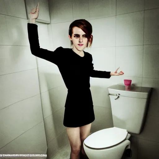 Image similar to emma watson standing on a toilet. emma watson is t posing, and her aggressive t pose is extremely intimidating, trending on artstation, award winning toilet photo