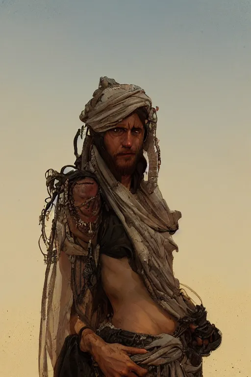 Image similar to a full body portrait of a beautiful post apocalyptic offworld desert bedouin blind barbarian leper laying by the roadside, begging, intricate, elegant, highly detailed, digital painting, artstation, concept art, smooth, sharp focus, illustration, art by krenz cushart and artem demura and alphonse mucha