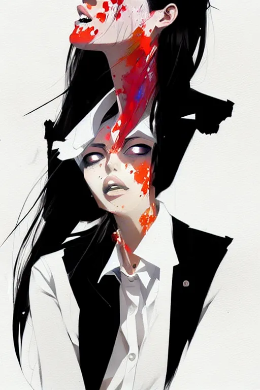 Image similar to a ultradetailed beautiful panting of a stylish woman, she is wearing a white shirt with a tie and black pants, by conrad roset, greg rutkowski and makoto shinkai trending on artstation