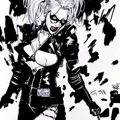 Prompt: dc vertigo Harley Quinn by yoji shinkawa and Ashley wood, black and white, detailed