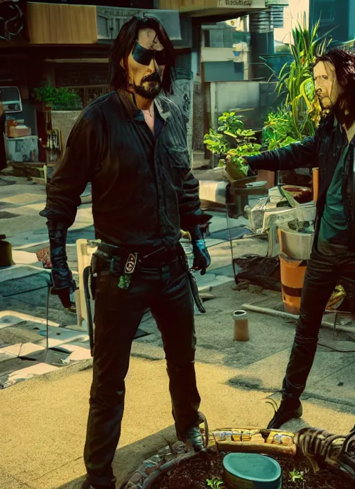 Image similar to wake up samurai, solarpunk, lots of plants, gardening, permaculture, keanu reeves as johnny silverhand, cyberpunk 2 0 7 7, anarchy, realistic, ultra detailed