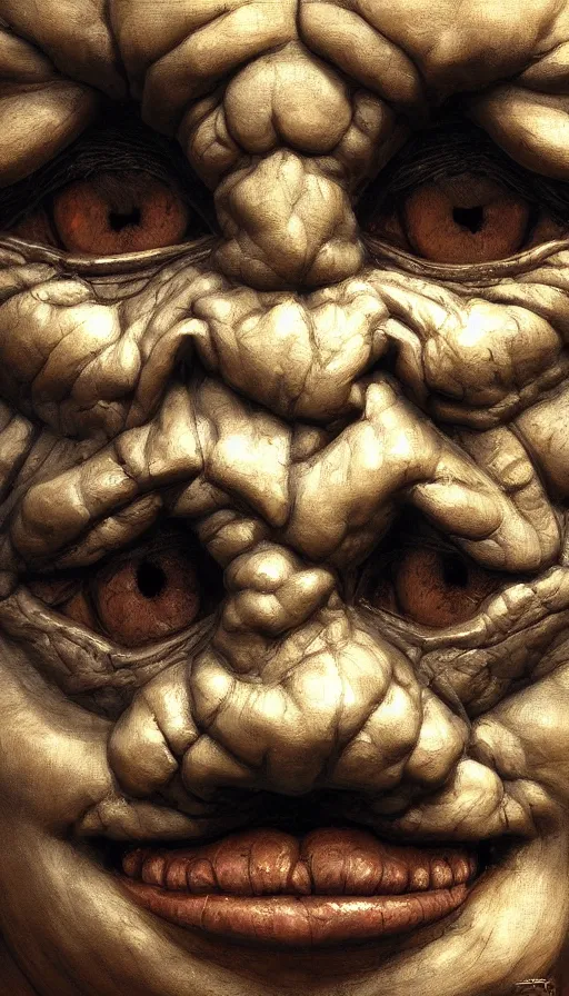 Image similar to wooden gargoyle face looking in the camera, paint texture, digital painting, highly detailed, artstation, sharp focus, sunlit, painted by ruan jia, raymond swanland, lawrence alma tadema, zdzislaw beksinski, norman rockwell, jack kirby, tom lovell, alex malveda, greg staples